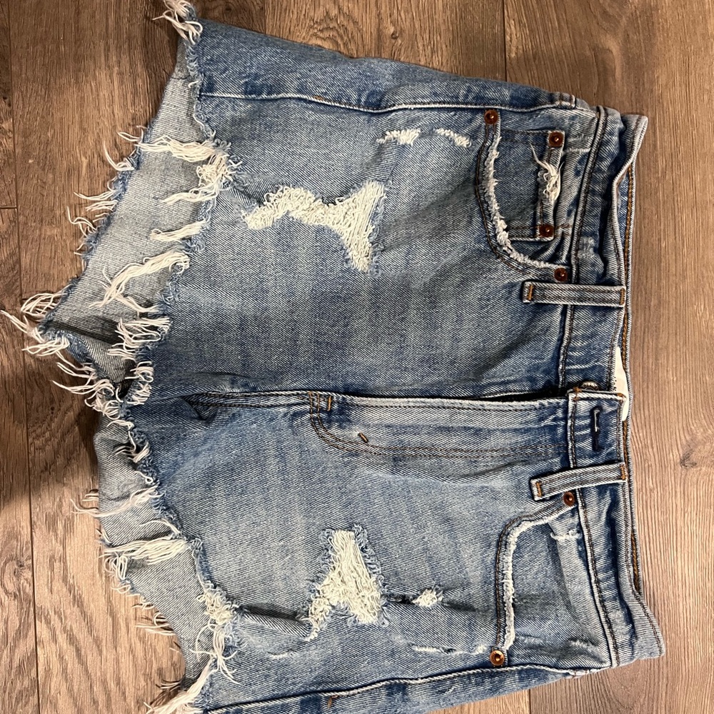 Abercrombie & Fitch Blue Jean Shorts with Distressing and Frayed Hem